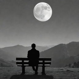 A melancholic scene with a man sitting on a bench, engrossed in the sight of a large white moon rising behind distant mountains, evoking feelings of introspection and solitude.