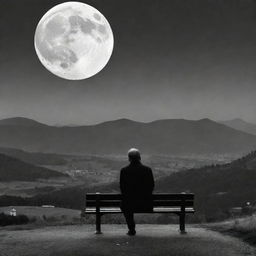 A melancholic scene with a man sitting on a bench, engrossed in the sight of a large white moon rising behind distant mountains, evoking feelings of introspection and solitude.