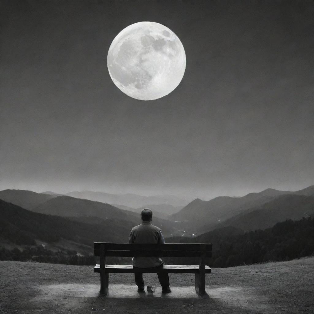 A melancholic scene with a man sitting on a bench, engrossed in the sight of a large white moon rising behind distant mountains, evoking feelings of introspection and solitude.