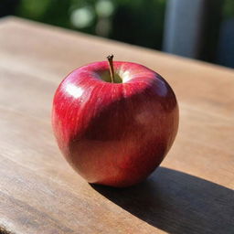 A ripe, vibrant red apple resting on a wooden table, reflecting soft sunlight