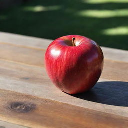 A ripe, vibrant red apple resting on a wooden table, reflecting soft sunlight