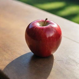 A ripe, vibrant red apple resting on a wooden table, reflecting soft sunlight