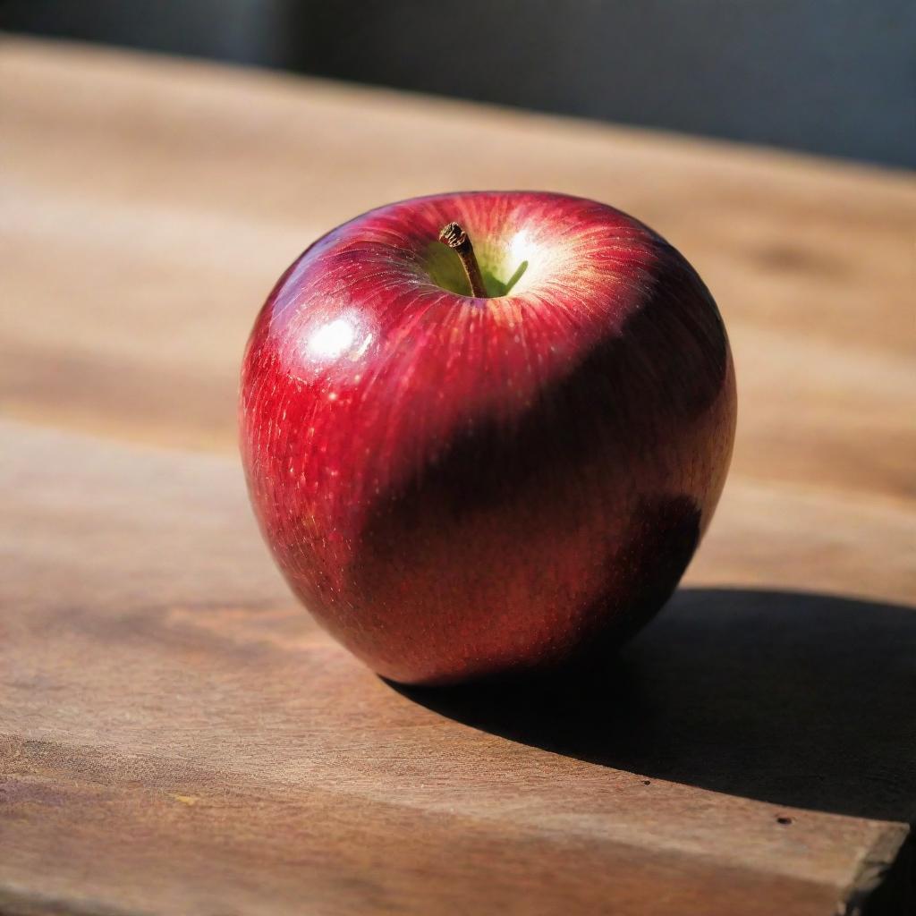 A ripe, vibrant red apple resting on a wooden table, reflecting soft sunlight