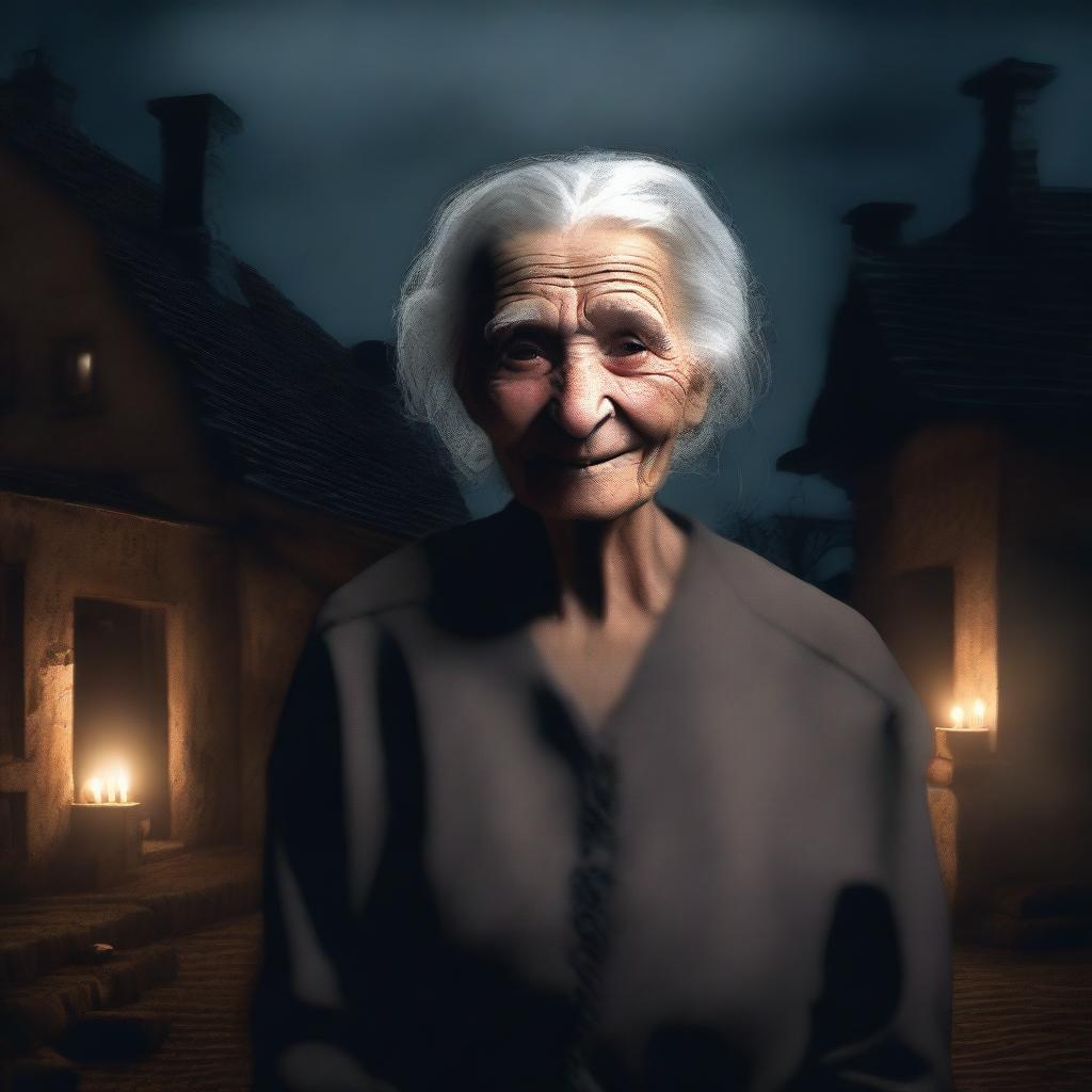 This is a high-quality digital art image that captures a mysterious, very old woman, possibly named Marie, in an old French village