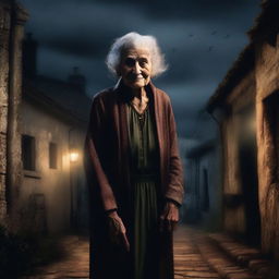 This is a high-quality digital art image that captures a mysterious, very old woman, possibly named Marie, in an old French village