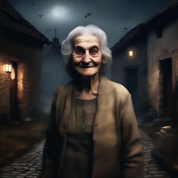 This is a high-quality digital art image that captures a mysterious, very old woman, possibly named Marie, in an old French village