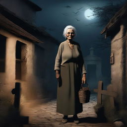 This is a high-quality digital art image that captures a mysterious, very old woman, possibly named Marie, in an old French village