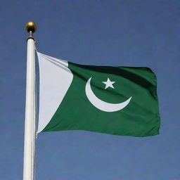 The flag of Pakistan, featuring a white star and crescent on a dark green field, with a white stripe on the left.