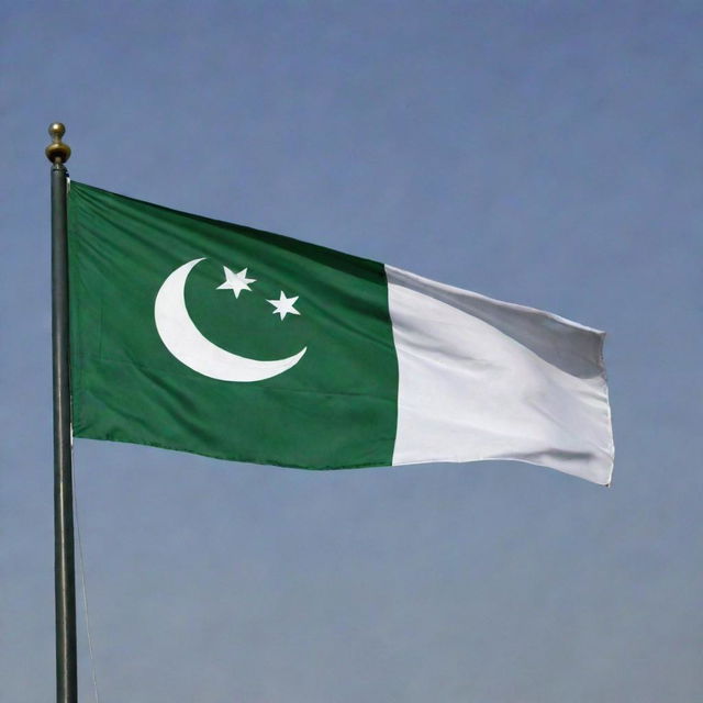 The flag of Pakistan, featuring a white star and crescent on a dark green field, with a white stripe on the left.