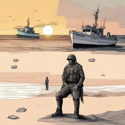 This is a high-quality digital art image that depicts a scene titled 'The Marine Soldier'