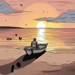 This is a high-quality digital art image capturing a poignant scene on a deserted beach at sunset