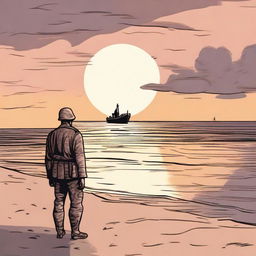 This is a high-quality digital art image capturing a moving scene on a deserted beach at sunset