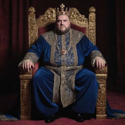 A rotund and sinister-looking king sitting on his throne. His face wears a cruel smile and his eyes glint with malevolence while showing his robust figure in opulent royal attire.