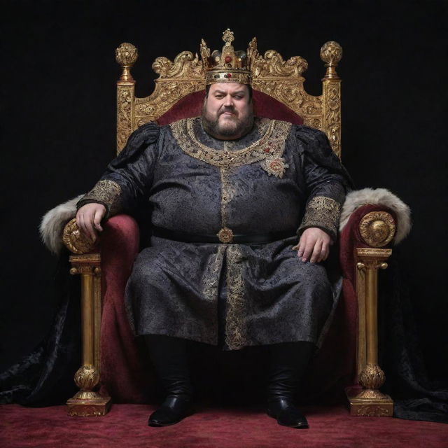 A rotund and sinister-looking king sitting on his throne. His face wears a cruel smile and his eyes glint with malevolence while showing his robust figure in opulent royal attire.