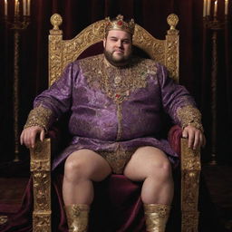 A rotund and sinister-looking king sitting on his throne. His face wears a cruel smile and his eyes glint with malevolence while showing his robust figure in opulent royal attire.