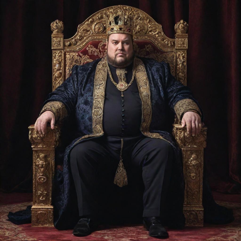 A rotund and sinister-looking king sitting on his throne. His face wears a cruel smile and his eyes glint with malevolence while showing his robust figure in opulent royal attire.