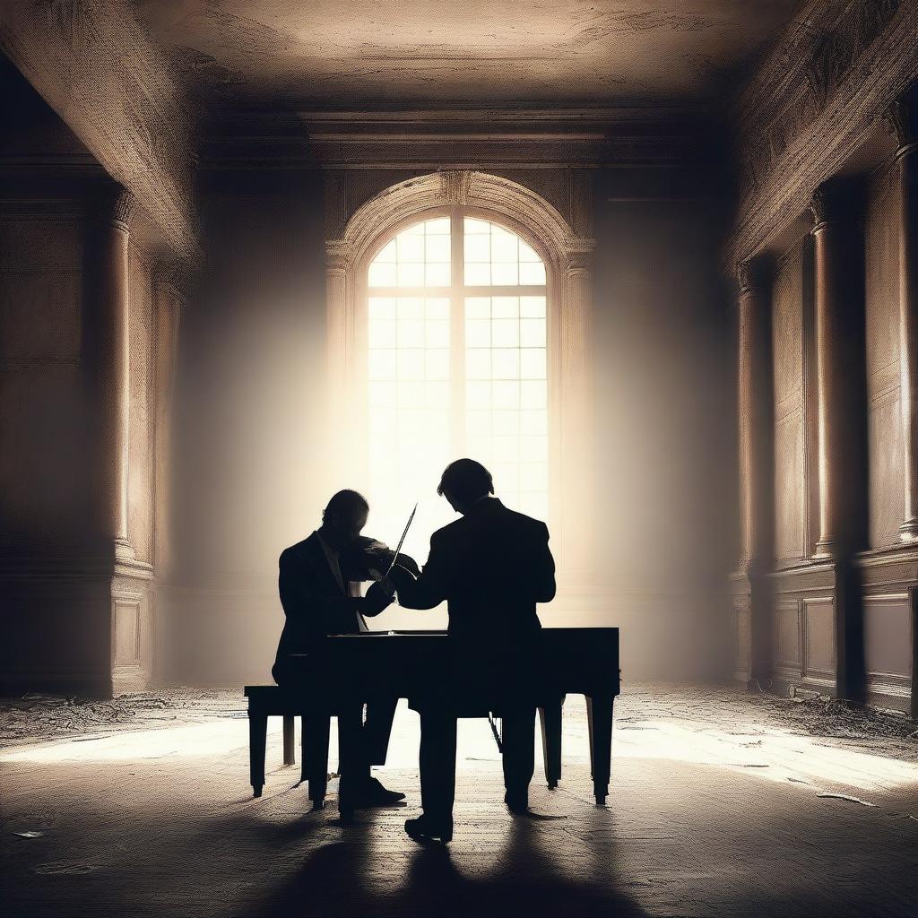 This high-quality digital art image, titled 'Competition in the Music World', portrays a tense scene of two musicians, one with a piano and the other with a violin