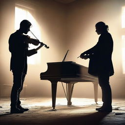 This high-quality digital art image, titled 'Competition in the Music World', portrays a tense scene of two musicians, one with a piano and the other with a violin