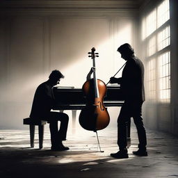 This high-quality digital art image, titled 'Competition in the Music World', portrays a tense scene of two musicians, one with a piano and the other with a violin