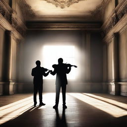 A high-quality digital art image titled 'Competition in the Music World' illustrates an intense scene