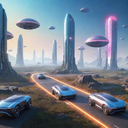 A futuristic technology themed landscape, featuring advanced robotics, colourful holographic interfaces, and sleek, high-speed levitating vehicles.