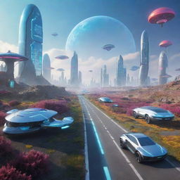 A futuristic technology themed landscape, featuring advanced robotics, colourful holographic interfaces, and sleek, high-speed levitating vehicles.