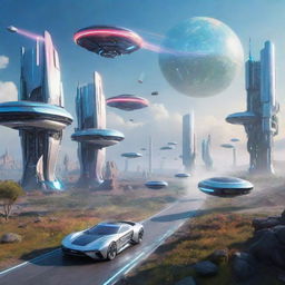 A futuristic technology themed landscape, featuring advanced robotics, colourful holographic interfaces, and sleek, high-speed levitating vehicles.