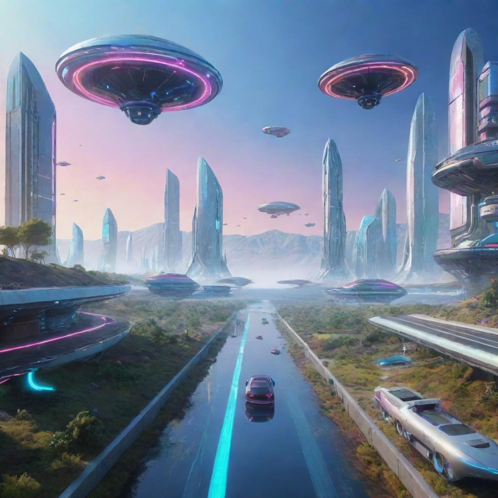 A futuristic technology themed landscape, featuring advanced robotics, colourful holographic interfaces, and sleek, high-speed levitating vehicles.