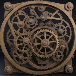 A detailed mechanical design showcasing interconnected gears, pulleys, and levers, couched in a sturdy metallic framework.