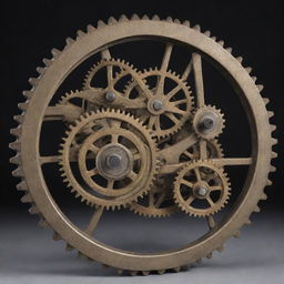 A detailed mechanical design showcasing interconnected gears, pulleys, and levers, couched in a sturdy metallic framework.