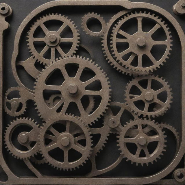 A detailed mechanical design showcasing interconnected gears, pulleys, and levers, couched in a sturdy metallic framework.