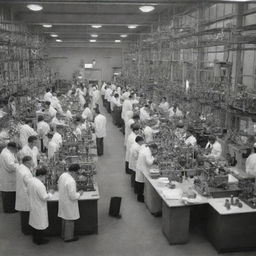 A scene illustrating the magnificent advancements of science and technology, full of chemists at work in high-tech labs, physicists analyzing cutting edge technology, and engineers designing complex machinery.