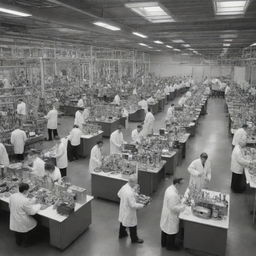 A scene illustrating the magnificent advancements of science and technology, full of chemists at work in high-tech labs, physicists analyzing cutting edge technology, and engineers designing complex machinery.