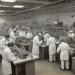 A scene illustrating the magnificent advancements of science and technology, full of chemists at work in high-tech labs, physicists analyzing cutting edge technology, and engineers designing complex machinery.