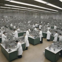 A scene illustrating the magnificent advancements of science and technology, full of chemists at work in high-tech labs, physicists analyzing cutting edge technology, and engineers designing complex machinery.