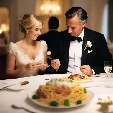 As the couple enjoyed a candlelit dinner, they shared a plate of spaghetti, using a pair of tongs to feed each other.