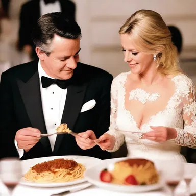 As the couple enjoyed a candlelit dinner, they shared a plate of spaghetti, using a pair of tongs to feed each other.
