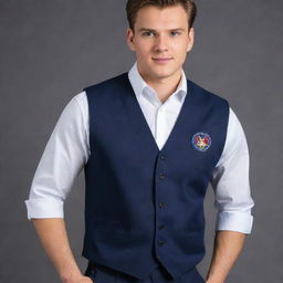 A stylish and professional navy blue vest design for technical school bac students, featuring sleek lines, comfortable fabric, and tastefully placed school insignia.