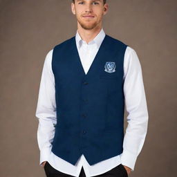 A stylish and professional navy blue vest design for technical school bac students, featuring sleek lines, comfortable fabric, and tastefully placed school insignia.