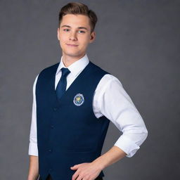 A stylish and professional navy blue vest design for technical school bac students, featuring sleek lines, comfortable fabric, and tastefully placed school insignia.