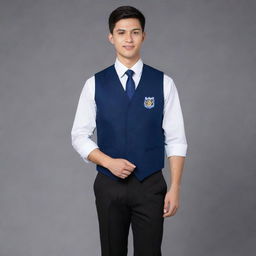 A stylish and professional navy blue vest design for technical school bac students, featuring sleek lines, comfortable fabric, and tastefully placed school insignia.