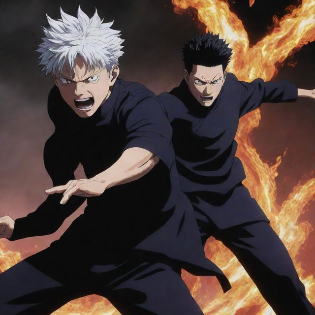 Anime action scene of Gojo Satoru and Sukuna, from Jujutsu Kaisen, engaged in intense combat, with dynamic poses, energy effects, and dramatic backgrounds.