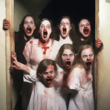 As the haunted house echoed with eerie sounds, the terrified group let loose blood-curdling screams.