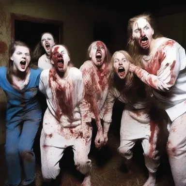 As the haunted house echoed with eerie sounds, the terrified group let loose blood-curdling screams.