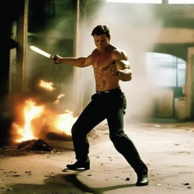 The action movie scene shows the hero let loose his anger as he engages in an intense fight.