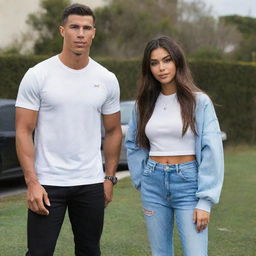 Madison Beer and Cristiano Ronaldo standing together in a casual setting, both stylishly dressed for a vibrant afternoon.