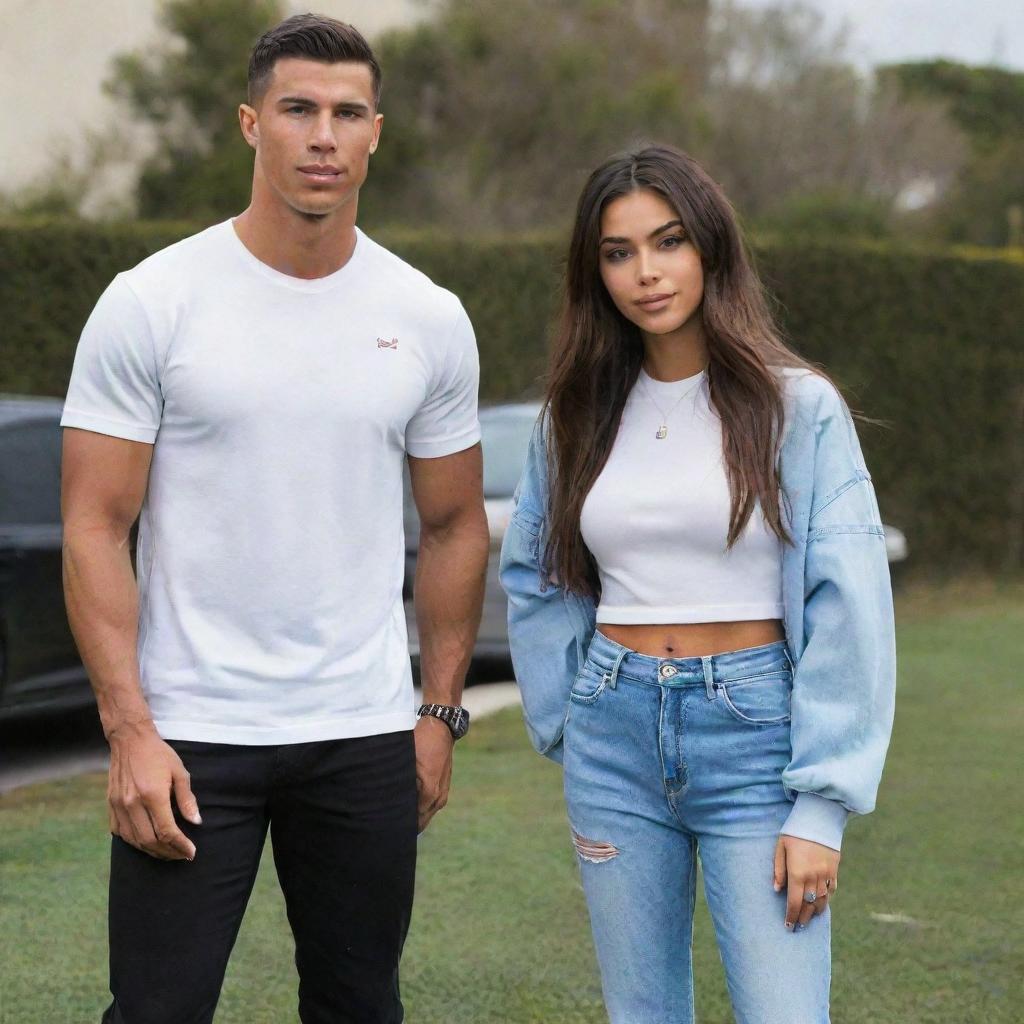 Madison Beer and Cristiano Ronaldo standing together in a casual setting, both stylishly dressed for a vibrant afternoon.