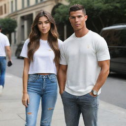 Madison Beer and Cristiano Ronaldo standing together in a casual setting, both stylishly dressed for a vibrant afternoon.