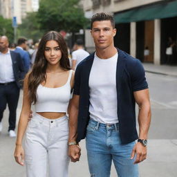 Madison Beer and Cristiano Ronaldo standing together in a casual setting, both stylishly dressed for a vibrant afternoon.