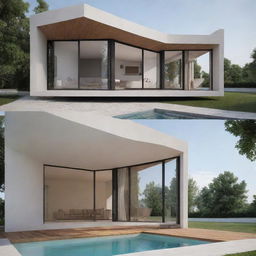 Generate a 3D image of a modern architectural house, with detailed interior and exterior views.